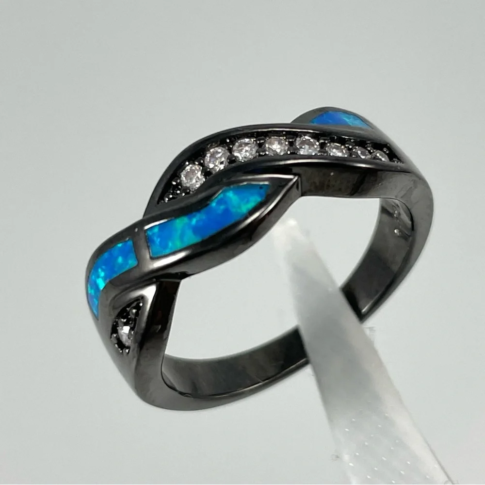 Blue Faux Fire Opal White Diamond CZ Black Gold Plated Emo Punk Ring Band